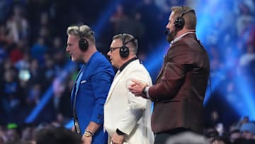 Feb 1, 2025; Indianapolis, IN, USA; Pat McAfee and Michael Cole and Wade Barrett during the WWE Royal Rumble at Lucas Oil Stadium. Mandatory Credit: Joe Camporeale-Imagn Images