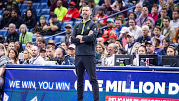 Nov 14, 2023; New Orleans, Louisiana, USA; New Orleans Pelicans acting head coach James Borrego looks on against the Dallas Mavericks during the first half at the Smoothie King Center. Mandatory Credit: Stephen Lew-Imagn Images