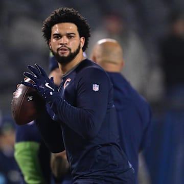 Dec 26, 2024; Chicago, Illinois, USA; Chicago Bears quarterback Caleb Williams (18) warms up before the game against the Seattle Seahawks at Soldier Field. 
