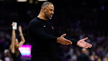 Jan 16, 2025; Sacramento, California, USA; Houston Rockets head coach Ime Udoka reacts to a call during the second quarter against the Sacramento Kings at Golden 1 Center. Mandatory Credit: Sergio Estrada-Imagn Images