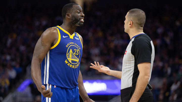 Warriors forward Draymond Green expresses his displeasure with a foul call to referee Mousa Dagher during the fourth quarter at Chase Center.