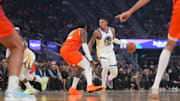 Dec 2, 2025; San Francisco, California, USA; Golden State Warriors guard Will Richard (3) dribbles the ball next to Oklahoma City Thunder guard Jalen Williams (8) in the first quarter at the Chase Center. Mandatory Credit: Cary Edmondson-Imagn Images
