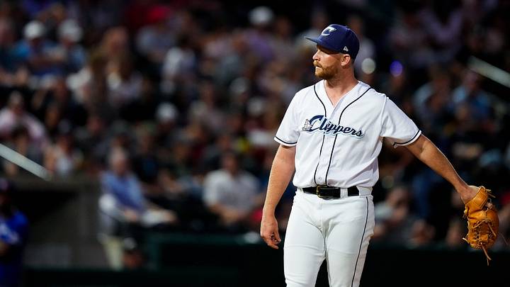 Columbus Clippers pitcher Bradley Hanner (36) reacts after pitching the ball during the game against the Buffalo Bisons at Huntington Park on Tuesday, July 22, 2025 in Columbus, Ohio.
