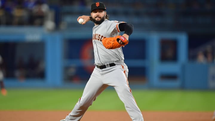 Sep 23, 2023; Los Angeles, California, USA; San Francisco Giants relief pitcher Jakob Junis (34) throws against the Los Angeles Dodgers during the fourth inning at Dodger Stadium.