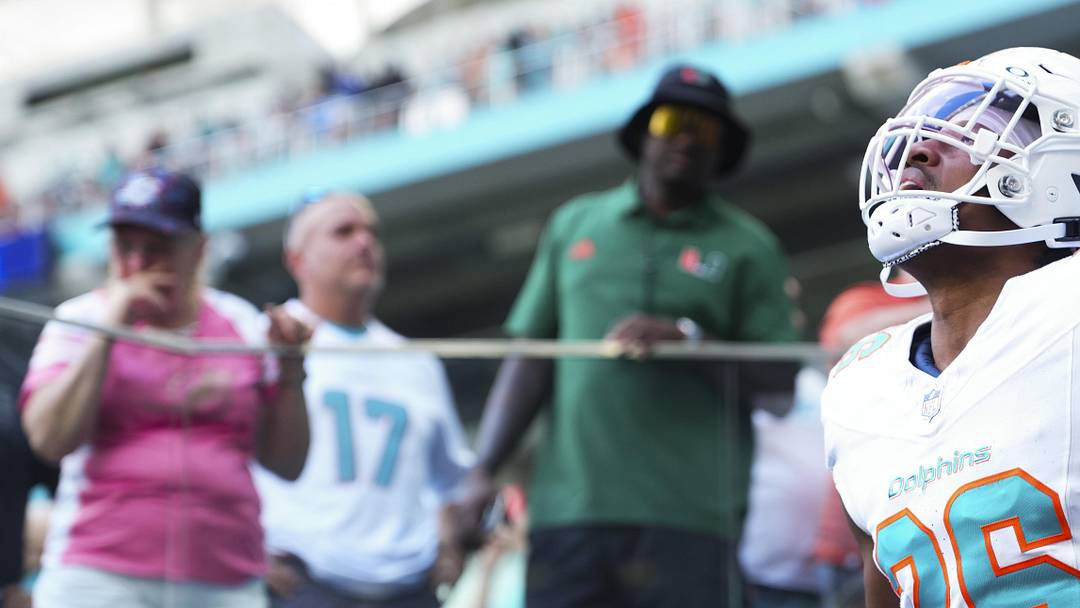 Oct 12, 2025; Miami Gardens, Florida, USA; Miami Dolphins cornerback Rasul Douglas (26) enters the field prior to a game against the Los Angeles Chargers at Hard Rock Stadium. Mandatory Credit: Rich Storry-Imagn Images