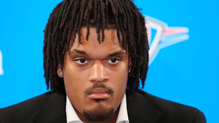 Dillon Jones speaks during an introductory press conference for the 2024 Thunder draft picks at Oklahoma Contemporary Arts Center in Oklahoma City, Saturday, June, 29, 2024.