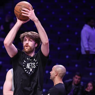 Apr 8, 2025; Brooklyn, New York, USA;  Brooklyn Nets forward Drew Timme (26) warms up prior to the game against the New Orleans Pelicans at Barclays Center. Mandatory Credit: Wendell Cruz-Imagn Images