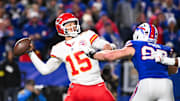 Nov 2, 2025; Orchard Park, New York, USA; Kansas City Chiefs quarterback Patrick Mahomes (15) throws the ball in the second half against the Buffalo Bills at Highmark Stadium. Mandatory Credit: Mark Konezny-Imagn Images