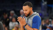 Oct 5, 2025; San Francisco, California, USA;  Golden State Warriors guard Stephen Curry (30) warms up before the game against the Los Angeles Lakers at Chase Center. Mandatory Credit: David Gonzales-Imagn Images