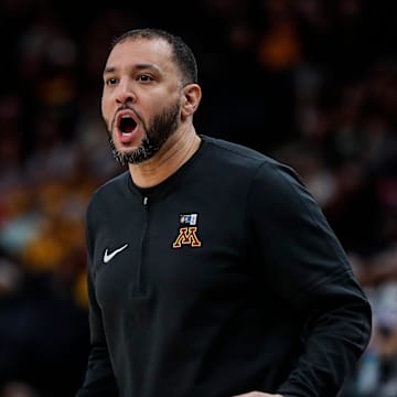 Minnesota head coach Ben Johnson reacts to a play against Michigan State during the first half of a Big Ten tournament game at Target Center in Minneapolis on Thursday, March 14, 2024.