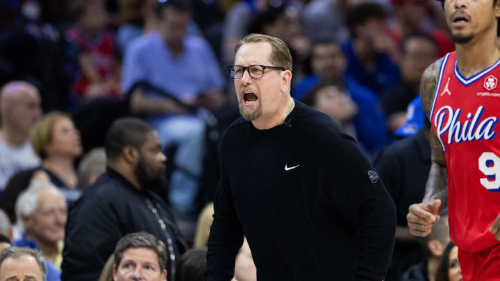 Apr 28, 2024; Philadelphia, Pennsylvania, USA; Philadelphia 76ers head coach Nick Nurse reacts to a play against the New York Knicks during the first half of game four of the first round in the 2024 NBA playoffs at Wells Fargo Center. Mandatory Credit: Bill Streicher-USA TODAY Sports