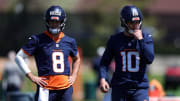 Denver Broncos quarterbacks Jarrett Stidham and Bo Nix during organized team activities at Centura Health Training Center.