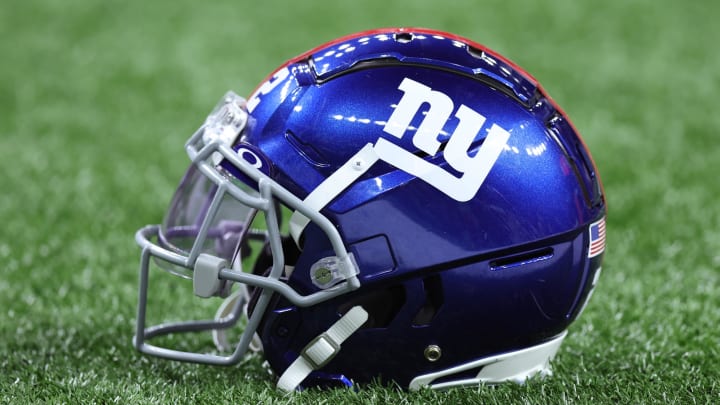 Dec 17, 2023; New Orleans, Louisiana, USA; A detailed view of a New York Giants helmet before the game against the New Orleans Saints at Caesars Superdome. Mandatory Credit: Stephen Lew-USA TODAY Sports