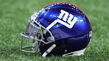 Dec 17, 2023; New Orleans, Louisiana, USA; A detailed view of a New York Giants helmet before the game against the New Orleans Saints at Caesars Superdome. Mandatory Credit: Stephen Lew-Imagn Images