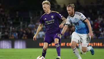 Nov 9, 2024; Orlando, Florida, USA; Orlando City midfielder Dagur Dan Thorhallsson (17) battles Charlotte FC defender Tim Ream (3) for the ball in the first half in a 2024 MLS Cup Playoffs Round One match at Inter&Co Stadium. Mandatory Credit: Kim Klement Neitzel-Imagn Images