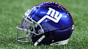 Dec 17, 2023; New Orleans, Louisiana, USA; A detailed view of a New York Giants helmet before the game against the New Orleans Saints at Caesars Superdome. Mandatory Credit: Stephen Lew-Imagn Images