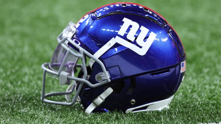 Dec 17, 2023; New Orleans, Louisiana, USA; A detailed view of a New York Giants helmet before the game against the New Orleans Saints at Caesars Superdome.  