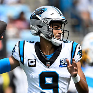 Sep 15, 2024; Charlotte, North Carolina, USA; Carolina Panthers quarterback Bryce Young (9) prepares to pass in the third quarter at Bank of America Stadium. Mandatory Credit: Bob Donnan-Imagn Images