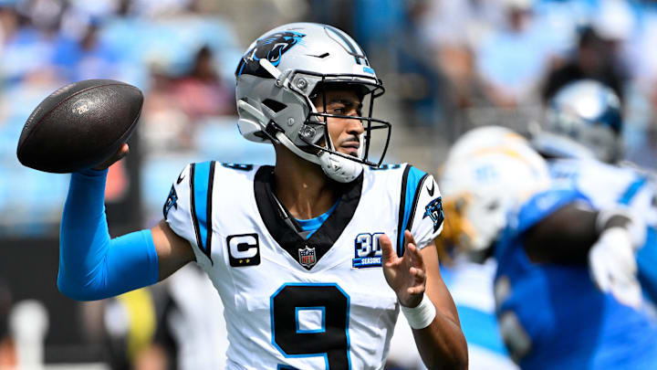 Sep 15, 2024; Charlotte, North Carolina, USA; Carolina Panthers quarterback Bryce Young (9) prepares to pass in the third quarter at Bank of America Stadium. Mandatory Credit: Bob Donnan-Imagn Images