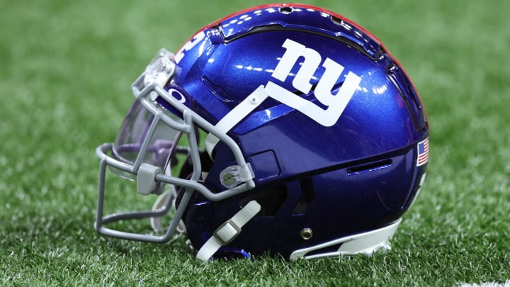 Dec 17, 2023; New Orleans, Louisiana, USA; A detailed view of a New York Giants helmet before the game against the New Orleans Saints at Caesars Superdome. 