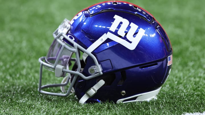 Dec 17, 2023; New Orleans, Louisiana, USA; A detailed view of a New York Giants helmet before the game against the New Orleans Saints at Caesars Superdome.  