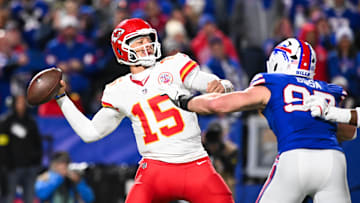 Nov 2, 2025; Orchard Park, New York, USA; Kansas City Chiefs quarterback Patrick Mahomes (15) throws the ball in the second half against the Buffalo Bills at Highmark Stadium. Mandatory Credit: Mark Konezny-Imagn Images