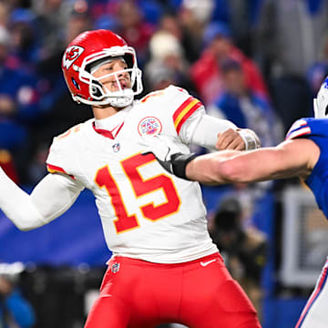 Nov 2, 2025; Orchard Park, New York, USA; Kansas City Chiefs quarterback Patrick Mahomes (15) throws the ball in the second half against the Buffalo Bills at Highmark Stadium. Mandatory Credit: Mark Konezny-Imagn Images