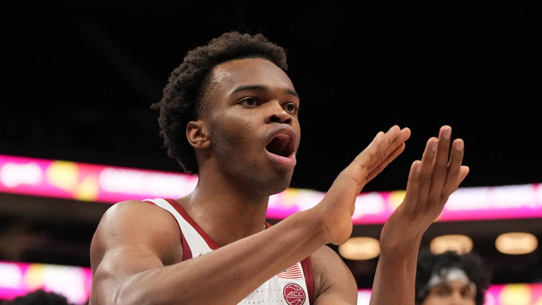 Mar 10, 2026; Charlotte, NC, USA; Stanford Cardinal guard Ebuka Okorie (1) reacts in the second half at Spectrum Center. Mandatory Credit: Bob Donnan-Imagn Images Mar 10, 2026; Charlotte, NC, USA; Stanford Cardinal guard Ebuka Okorie (1) reacts in the second half at Spectrum Center. Mandatory Credit: Bob Donnan-Imagn Images