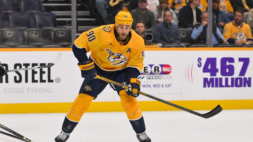 Nov 6, 2025; Nashville, Tennessee, USA; Nashville Predators center Ryan O'Reilly (90) skates with the puck against the Philadelphia Flyersduring the first period at Bridgestone Arena. Mandatory Credit: Steve Roberts-Imagn Images Nov 6, 2025; Nashville, Tennessee, USA; Nashville Predators center Ryan O'Reilly (90) skates with the puck against the Philadelphia Flyersduring the first period at Bridgestone Arena. Mandatory Credit: Steve Roberts-Imagn Images
