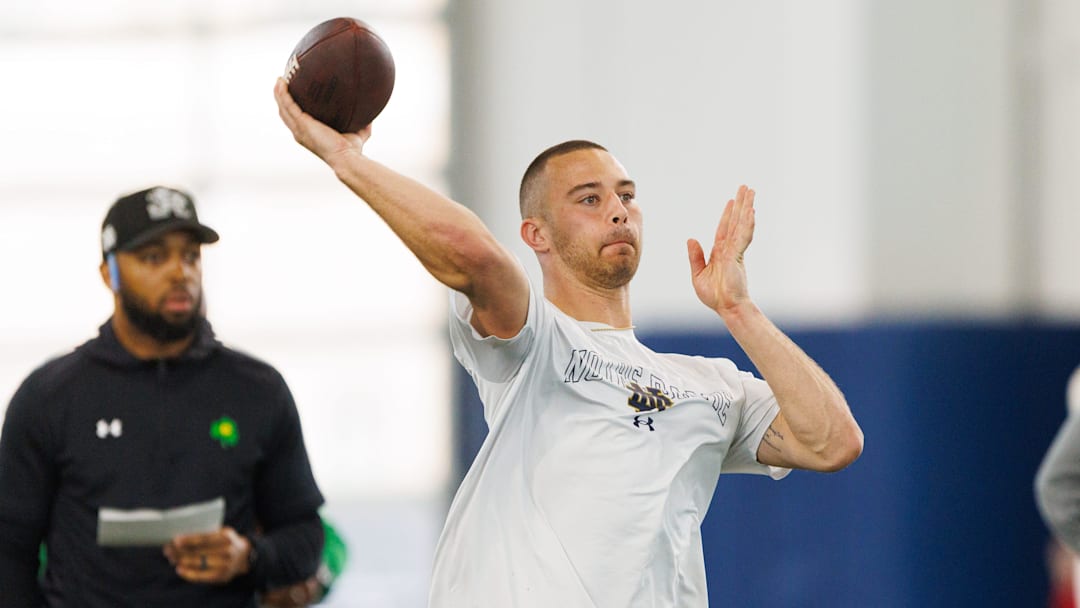 Quarterback CJ Carr during Notre Dame football's Pro Day at Irish Athletic Center on Tuesday, March 24, 2026, in South Bend.