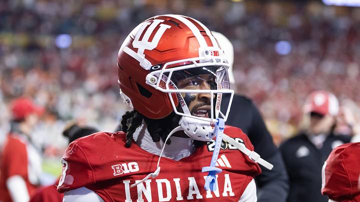Jan 19, 2026; Miami Gardens, FL, USA; Indiana Hoosiers wide receiver Omar Cooper Jr. (3) against the Miami Hurricanes in the College Football Playoff National Championship game at Hard Rock Stadium. Mandatory Credit: Mark J. Rebilas-Imagn Images