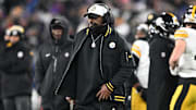 Jan 11, 2025; Baltimore, Maryland, USA; Pittsburgh Steelers head coach Mike Tomlin looks in the third quarter against the Baltimore Ravens in an AFC wild card game at M&T Bank Stadium. Mandatory Credit: Tommy Gilligan-Imagn Images