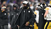 Jan 11, 2025; Baltimore, Maryland, USA; Pittsburgh Steelers head coach Mike Tomlin looks in the third quarter against the Baltimore Ravens in an AFC wild card game at M&T Bank Stadium. Mandatory Credit: Tommy Gilligan-Imagn Images