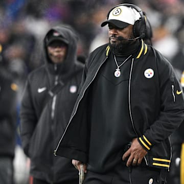 Jan 11, 2025; Baltimore, Maryland, USA; Pittsburgh Steelers head coach Mike Tomlin looks in the third quarter against the Baltimore Ravens in an AFC wild card game at M&T Bank Stadium. Mandatory Credit: Tommy Gilligan-Imagn Images