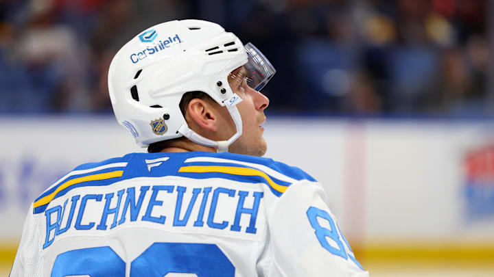 Nov 6, 2025; Buffalo, New York, USA;  St. Louis Blues left wing Pavel Buchnevich (89) before the start of the second period against the Buffalo Sabres at KeyBank Center. Mandatory Credit: Timothy T. Ludwig-Imagn Images