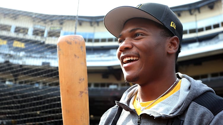 Jul 29, 2022; Pittsburgh, Pennsylvania, USA; Pittsburgh Pirates first round pick Termarr Johnson and