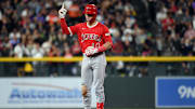 Sep 20, 2025; Denver, Colorado, USA; Los Angeles Angels catcher Logan O'Hoppe (14) after a double during the seventh inning against the Colorado Rockies at Coors Field. Mandatory Credit: Christopher Hanewinckel-Imagn Images
