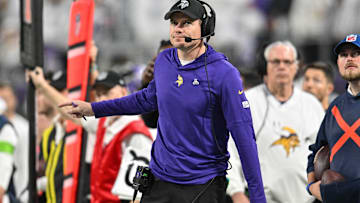 Dec 24, 2023; Minneapolis, Minnesota, USA; Minnesota Vikings head coach Kevin O'Connell reacts during the game against the Detroit Lions at U.S. Bank Stadium. Mandatory Credit: Jeffrey Becker-Imagn Images