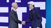 Jun 25, 2025; Brooklyn, NY, USA;  Kon Knueppel shakes hands with NBA commissioner Adam Silver after being selected as the fourth pick by the Charlotte Hornets in the first round of the 2025 NBA Draft at Barclays Center. Mandatory Credit: Brad Penner-Imagn Images