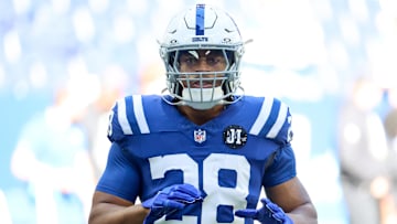 Oct 12, 2025; Indianapolis, Indiana, USA; Indianapolis Colts running back Jonathan Taylor (28) warms up prior to the game against the Arizona Cardinals at Lucas Oil Stadium. Mandatory Credit: Trevor Ruszkowski-Imagn Images