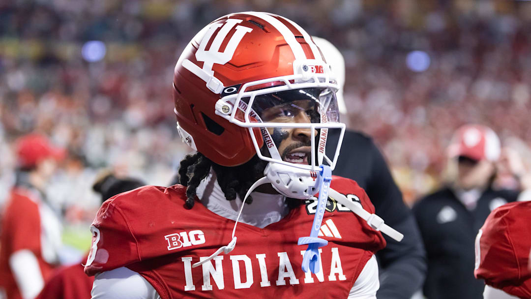 Jan 19, 2026; Miami Gardens, FL, USA; Indiana Hoosiers wide receiver Omar Cooper Jr. (3) against the Miami Hurricanes in the College Football Playoff National Championship game at Hard Rock Stadium. Mandatory Credit: Mark J. Rebilas-Imagn Images
