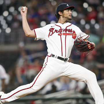 Aug 17, 2022; Atlanta, Georgia, USA; Atlanta Braves relief pitcher Freddy Tarnok (67) throws against the New York Mets in the ninth inning at Truist Park. Mandatory Credit: Brett Davis-Imagn Images
