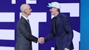 Jun 25, 2025; Brooklyn, NY, USA;  Kon Knueppel shakes hands with NBA commissioner Adam Silver after being selected as the fourth pick by the Charlotte Hornets in the first round of the 2025 NBA Draft at Barclays Center. Mandatory Credit: Brad Penner-Imagn Images