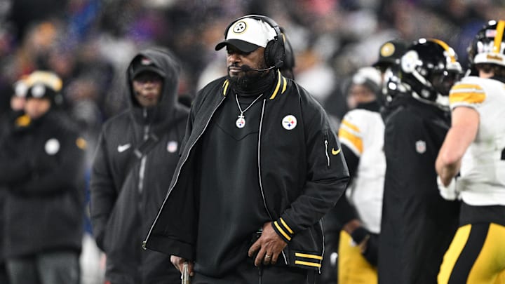 Jan 11, 2025; Baltimore, Maryland, USA; Pittsburgh Steelers head coach Mike Tomlin looks in the third quarter against the Baltimore Ravens in an AFC wild card game at M&T Bank Stadium. Mandatory Credit: Tommy Gilligan-Imagn Images