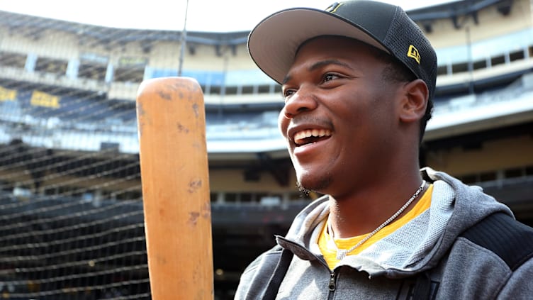 Jul 29, 2022; Pittsburgh, Pennsylvania, USA; Pittsburgh Pirates first round pick Termarr Johnson and