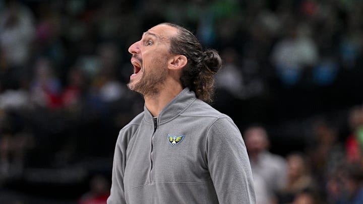 Aug 1, 2025; Dallas, Texas, USA; Dallas Wings head coach Chris Koclanes during the game between the Dallas Wings and the Indiana Fever at the American Airlines Center. Mandatory Credit: Jerome Miron-Imagn Images