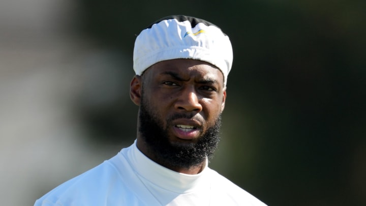 Jul 26, 2023; Costa Mesa, CA, USA; Los Angeles Chargers receiver Mike Williams (81) during training camp at Jack Hammett Sports Complex