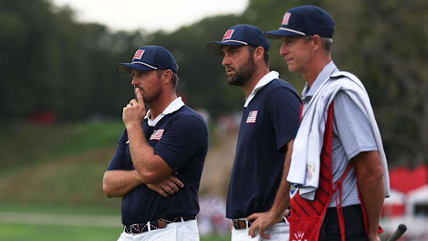 Team USA's Bryson DeChambeau and Scottie Scheffler on the 16th hole during the four-balls on the second day of the Ryder Cup.