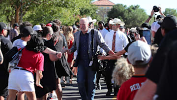 Sep 28, 2024; Lubbock, Texas, USA;  Texas Tech Red Raiders head coach Joey McGuire greets fans before the game between the Cincinnati Bearcats and the Texas Tech Red Raiders at Jones AT&T Stadium and Cody Campbell Field. Mandatory Credit: Michael C. Johnson-Imagn Images