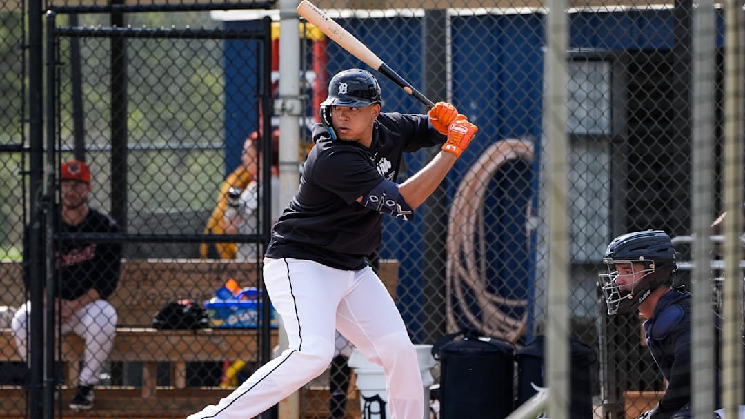 Detroit Tigers catcher Thayron Liranzo bats against pitcher Jake Flaherty during spring training at TigerTown in Lakeland, Fla. on Wednesday, Feb. 19, 2025.